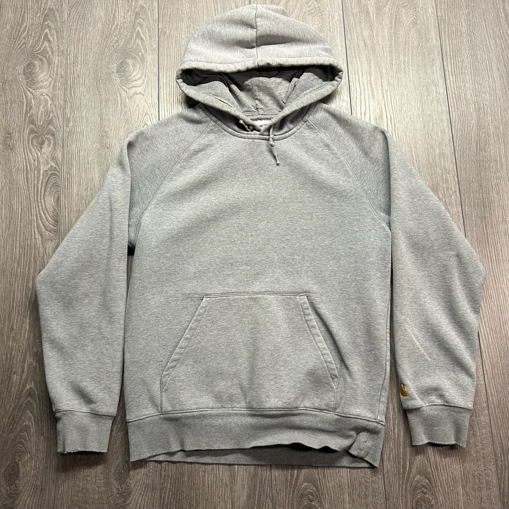 Carhartt WIP Chase Hoodie Mens Small Grey Heather Gold Logo Pullover Sweatshirt